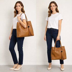 B Lush 2-in-1 Large Brown Faux Leather Tote Overnight Shoulder & Small Crossbody